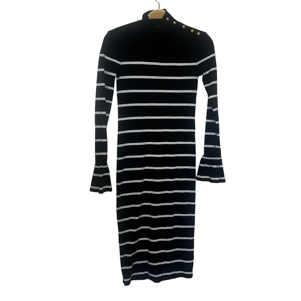 Lauren Ralph Lauren Black White Striped Button Shoulder Bell Sleeve Dress S